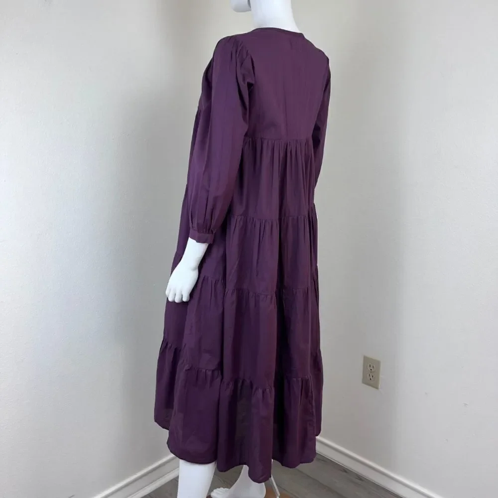 Mille Gemma Women Size XXS Purple Peasant Cotton Pullover Tiered Midi NEW Dress
